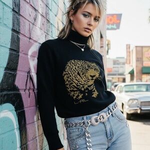 Lauren Ralph Lauren Black Turtleneck Sweater Gold Leopard Y2K Casual Glam Preppy